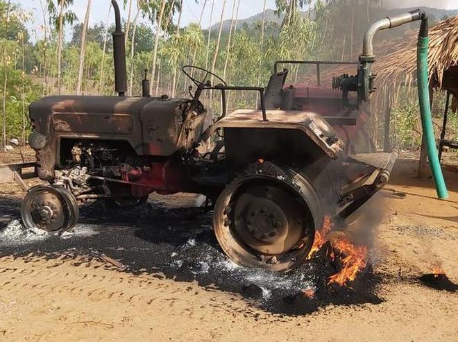 A tractor set on fire by Maoists at Sarivela village. A tractor set on fire by Maoists at Sarivela village.