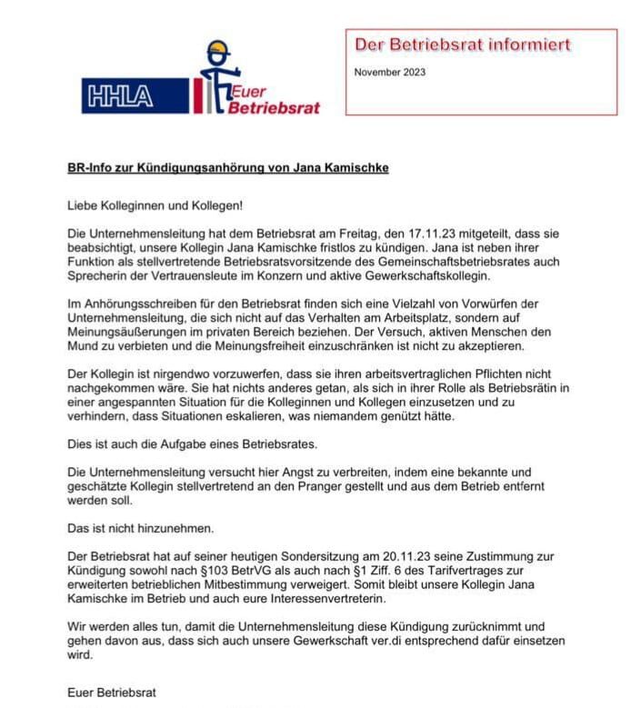 Hamburg: HHLA-Betriebsrätin soll wegen Protest gegen die Privatisierung gekündigt werden