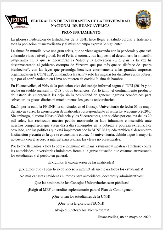 Students in Peru against the use of Corona by the reaction