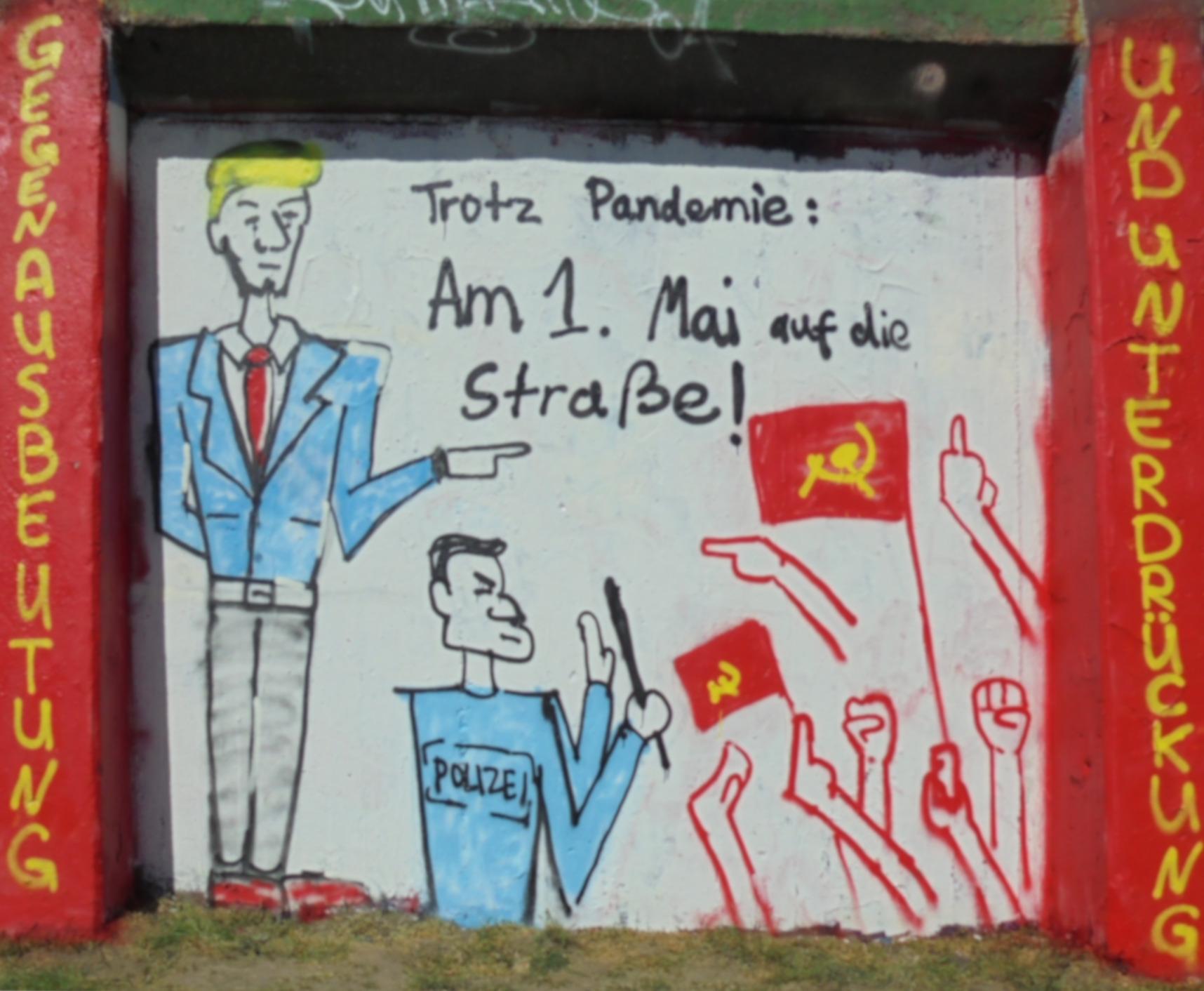 Wandmalung in Essen: “Trotz Pandemie: Am 1. Mai auf die Strasse!”