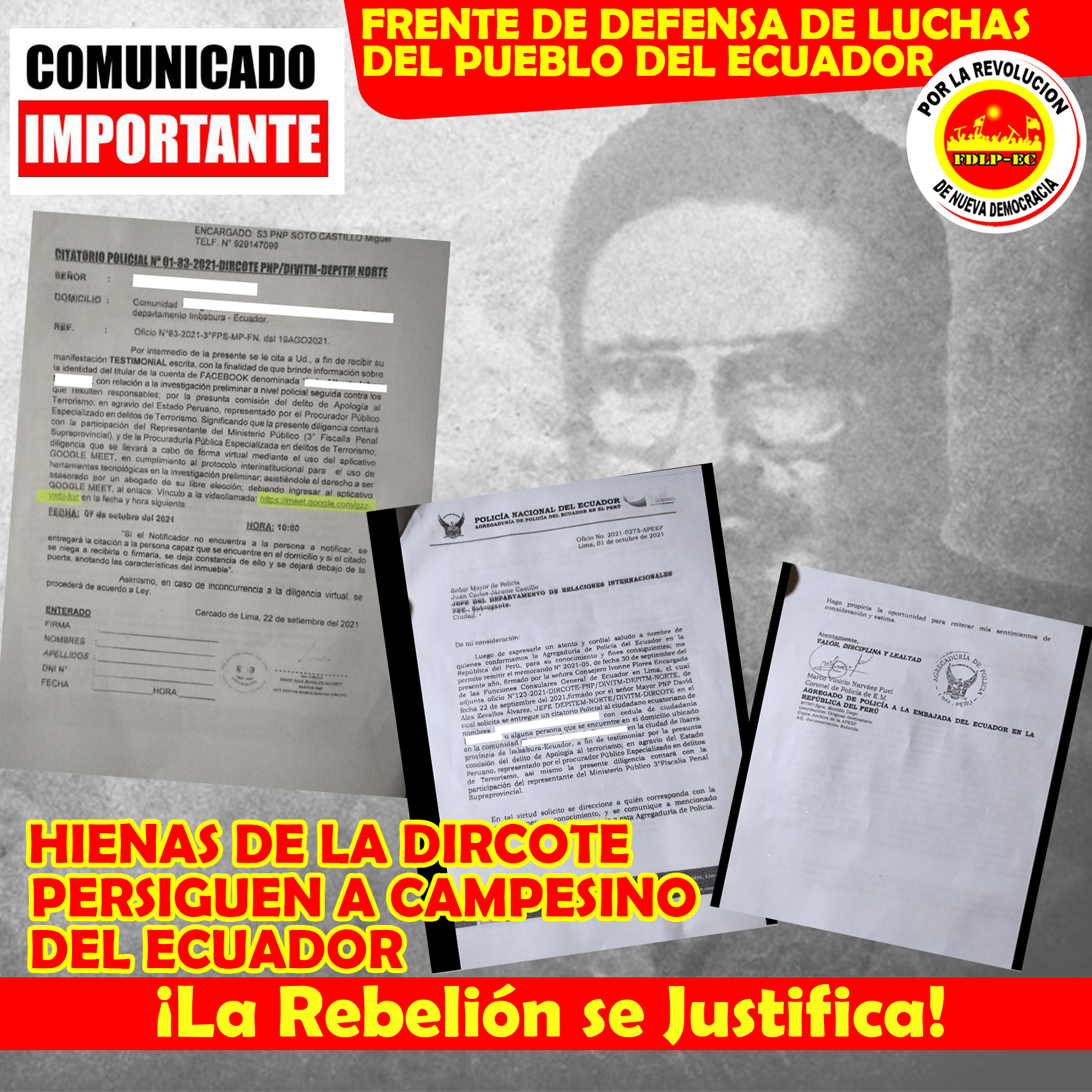 FDLP-EC: “DIRCOTE-HYÄNEN JAGEN BAUERN AUS ECUADOR”