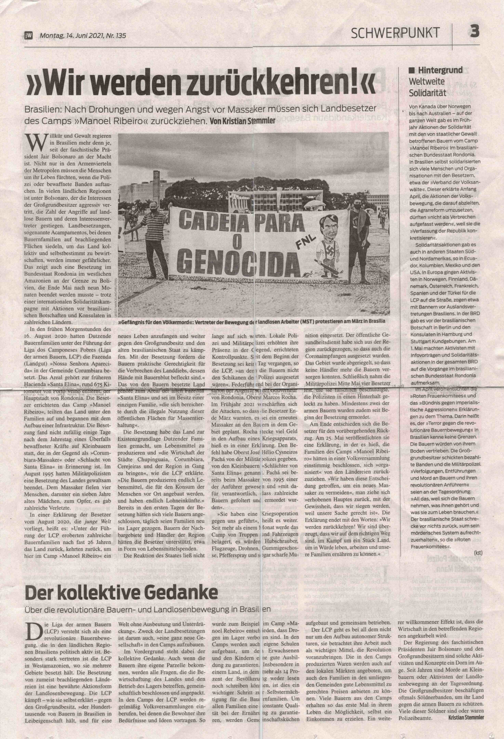 Article of the “Junge Welt” on the struggle of the revolutionary peasant movement in Brazil