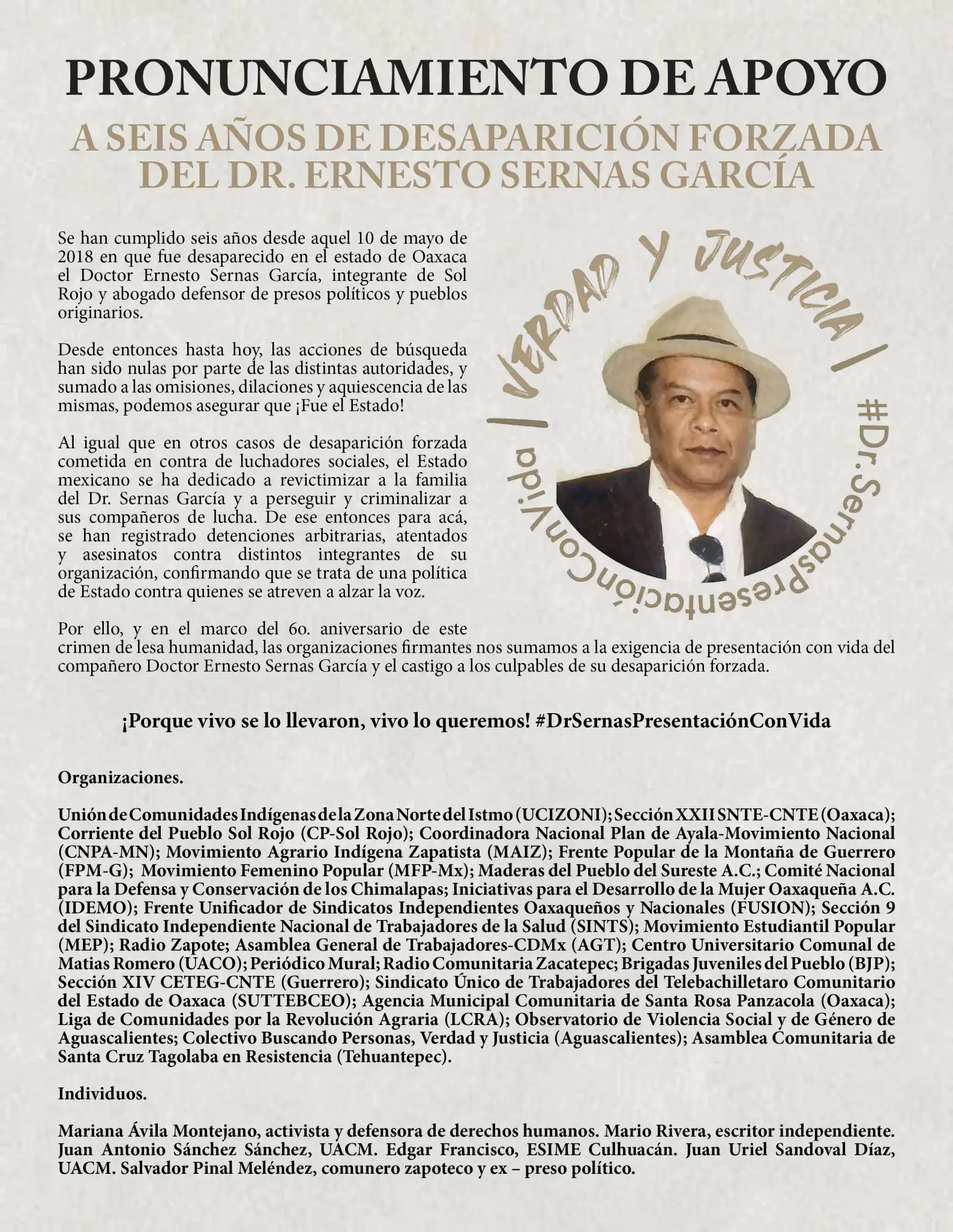 Mexiko: Solidarität vor dem 6. Jahrestag des gewaltsamen Verschwindenlassens von Dr. Sernas fortgesetzt